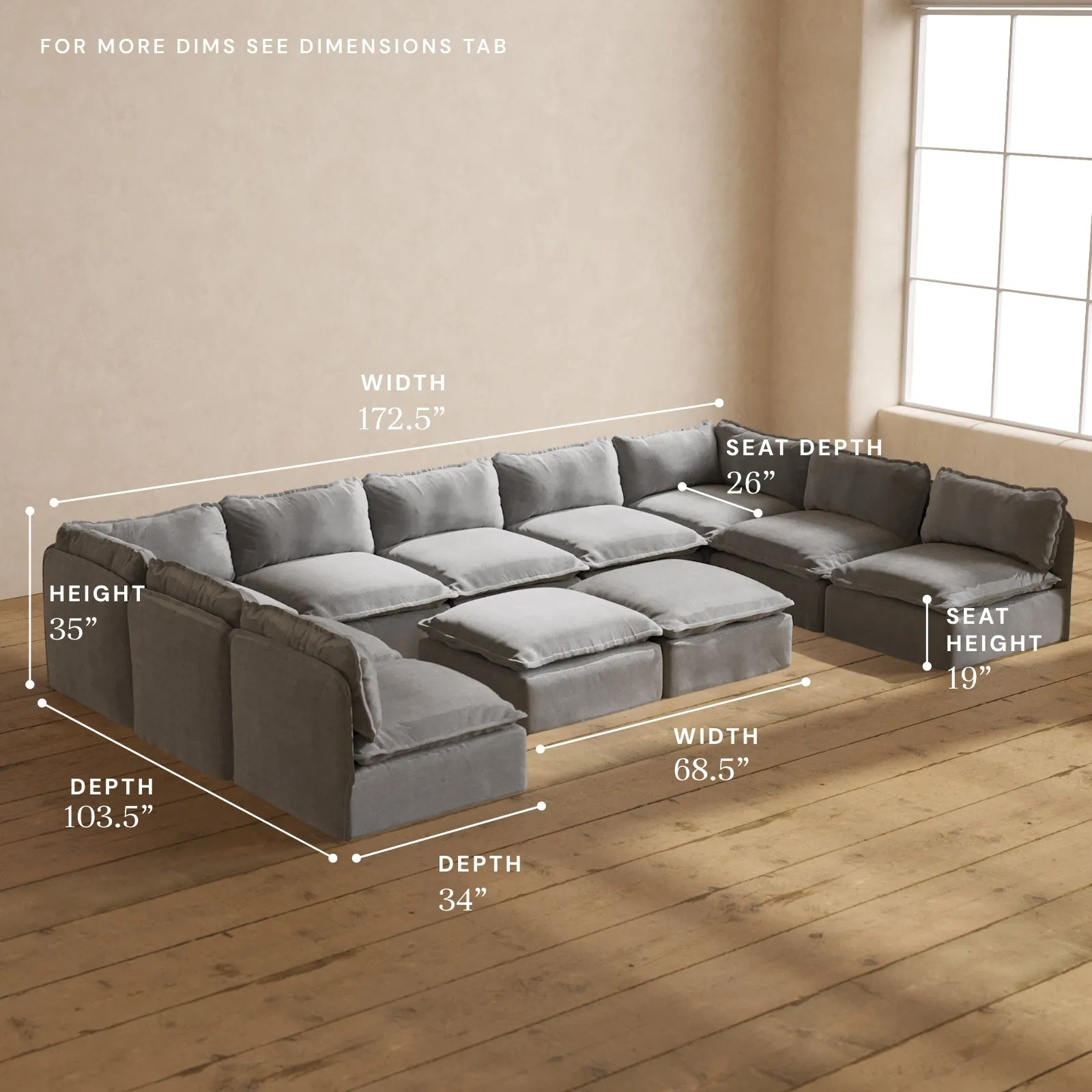 Modular Performance 9-Seater Open-Ends U-Sectional   Bench Ottoman in Ash | Relaxed Blend
