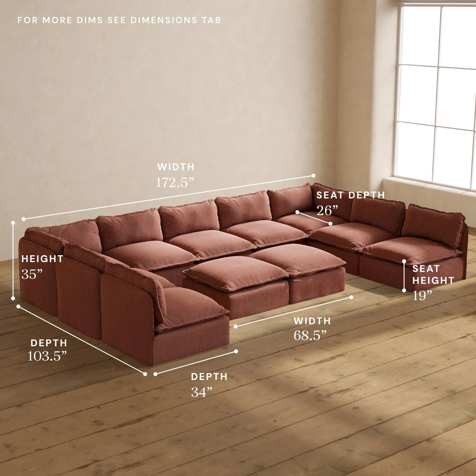 Modular Performance 9-Seater Open-Ends U-Sectional   Bench Ottoman in Chestnut | Deluxe Blend
