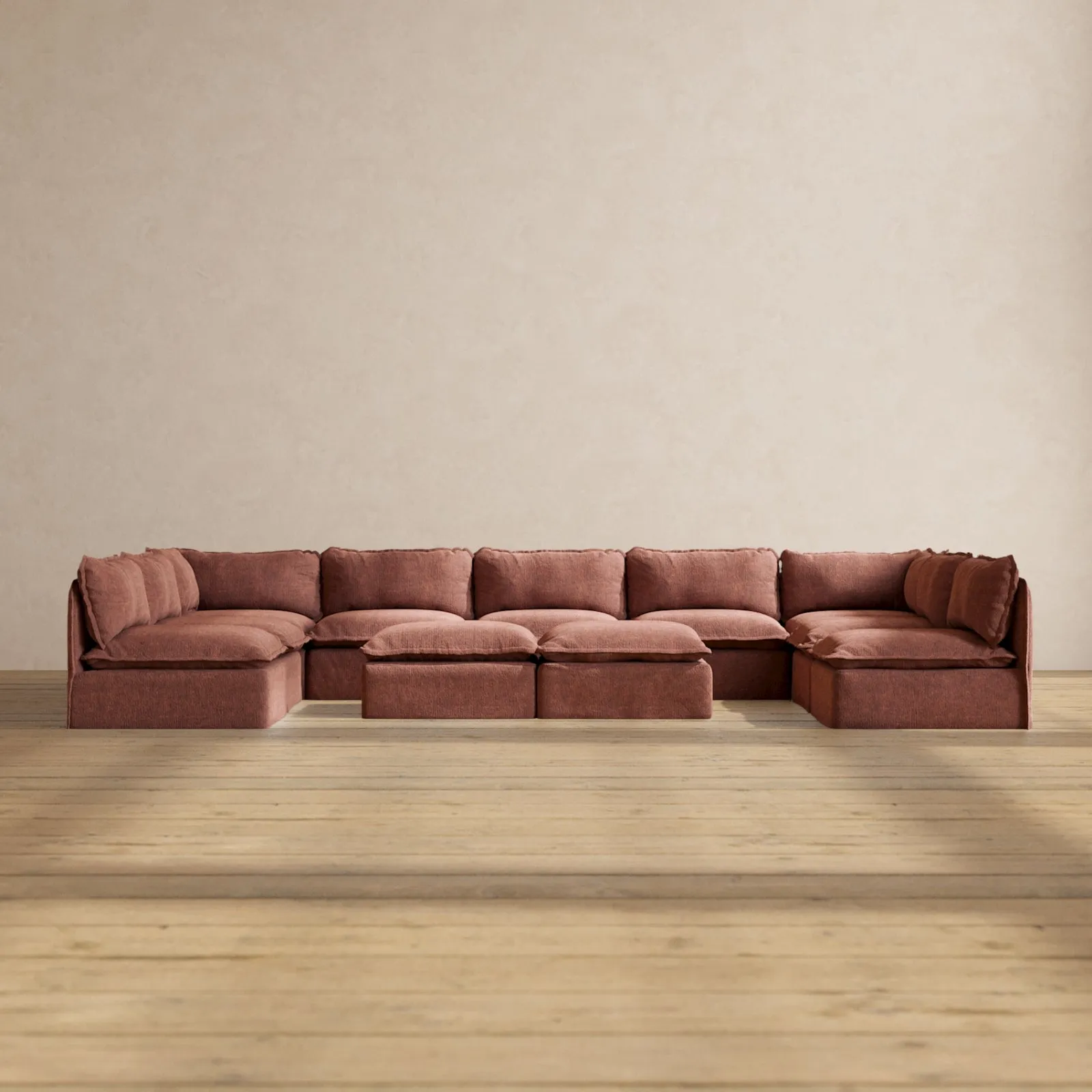 Modular Performance 9-Seater Open-Ends U-Sectional   Bench Ottoman in Chestnut | Deluxe Blend