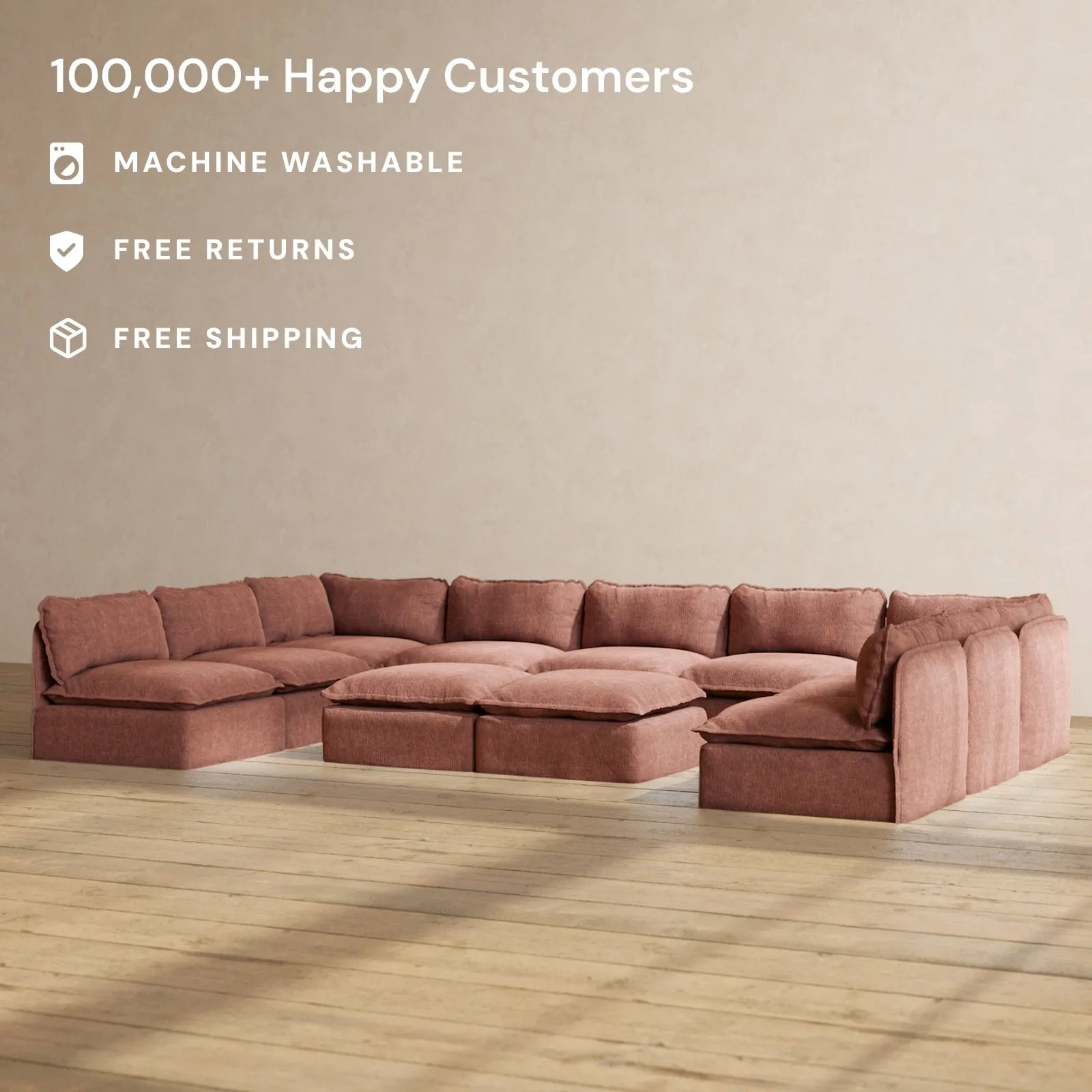 Modular Performance 9-Seater Open-Ends U-Sectional   Bench Ottoman in Chestnut | Deluxe Blend