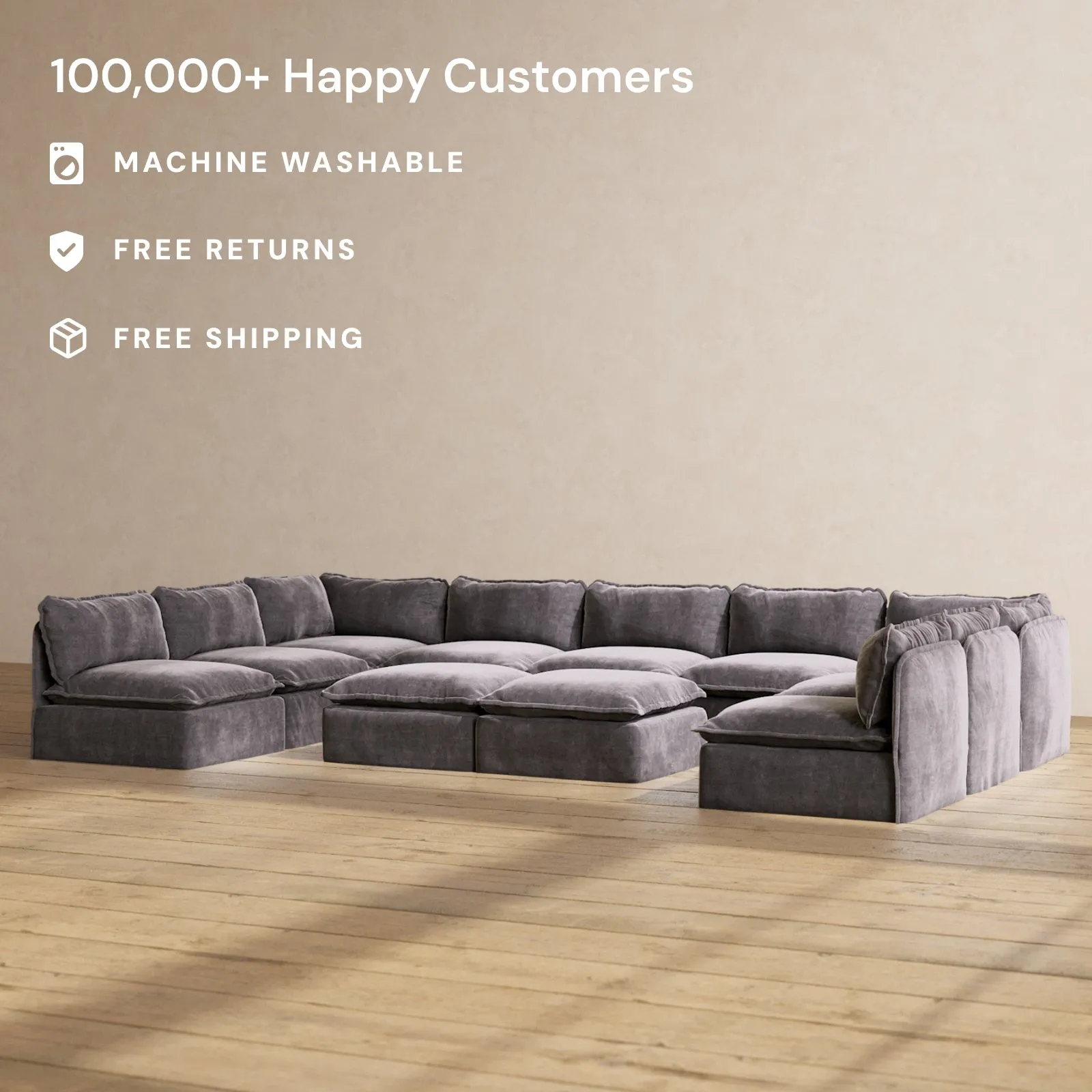 Modular Performance 9-Seater Open-Ends U-Sectional   Bench Ottoman in Cinder | Relaxed Blend