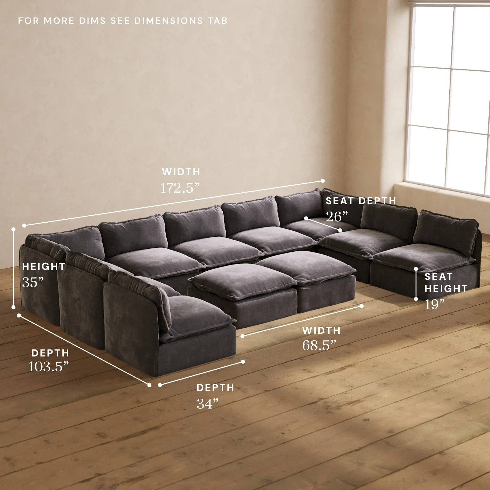 Modular Performance 9-Seater Open-Ends U-Sectional   Bench Ottoman in Cinder | Relaxed Blend