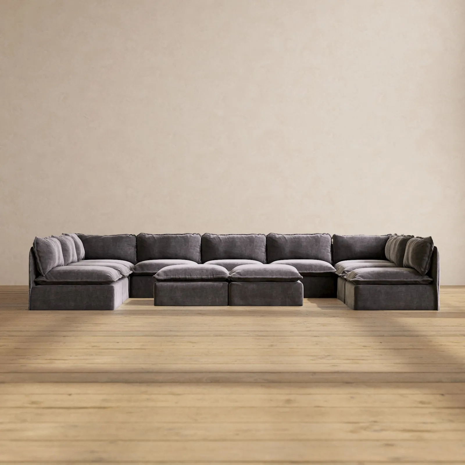 Modular Performance 9-Seater Open-Ends U-Sectional   Bench Ottoman in Cinder | Relaxed Blend