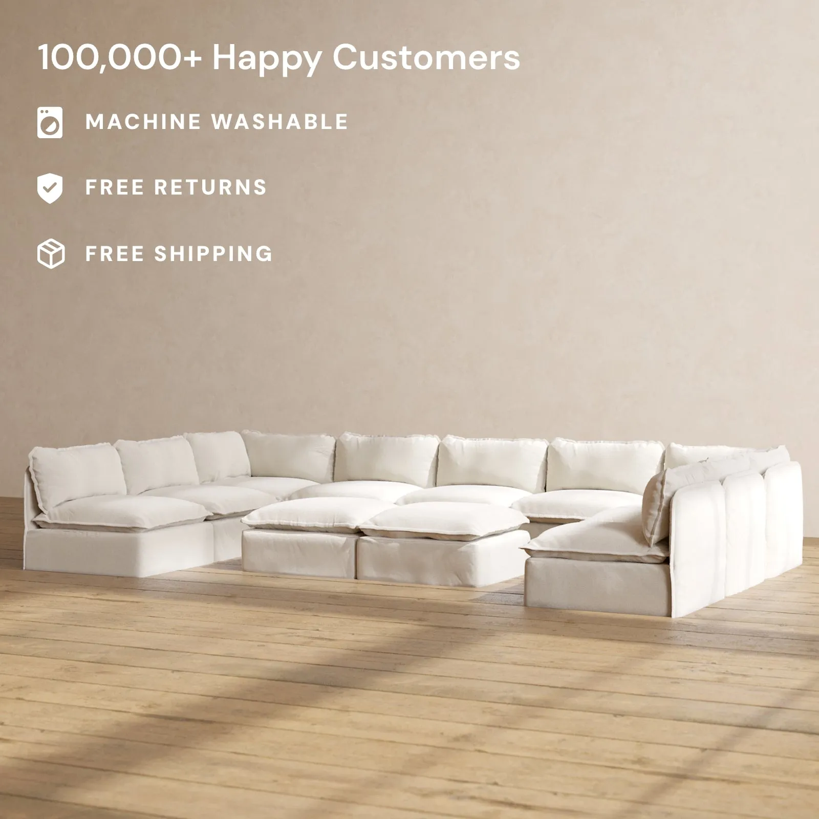 Modular Performance 9-Seater Open-Ends U-Sectional   Bench Ottoman in Flour | Deluxe Blend