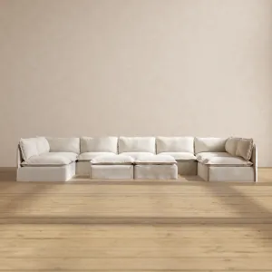 Modular Performance 9-Seater Open-Ends U-Sectional   Bench Ottoman in Flour | Deluxe Blend