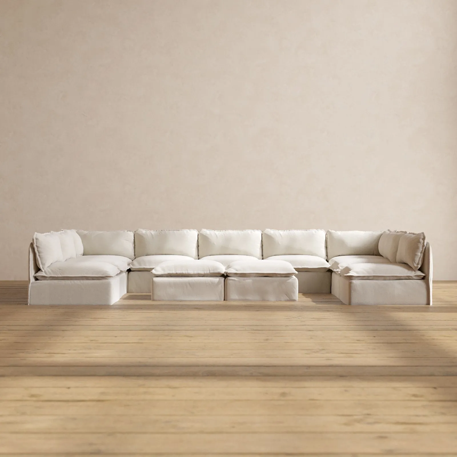 Modular Performance 9-Seater Open-Ends U-Sectional   Bench Ottoman in Flour | Deluxe Blend