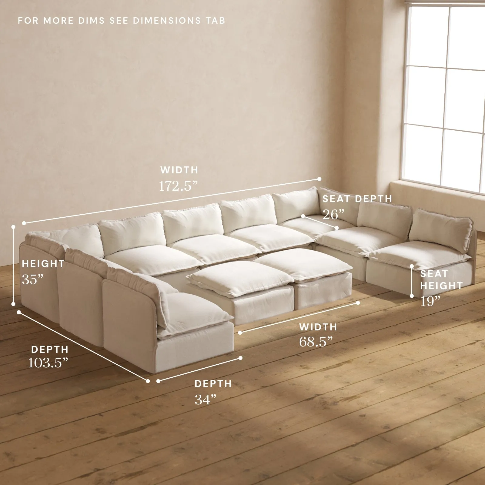 Modular Performance 9-Seater Open-Ends U-Sectional   Bench Ottoman in Flour | Deluxe Blend
