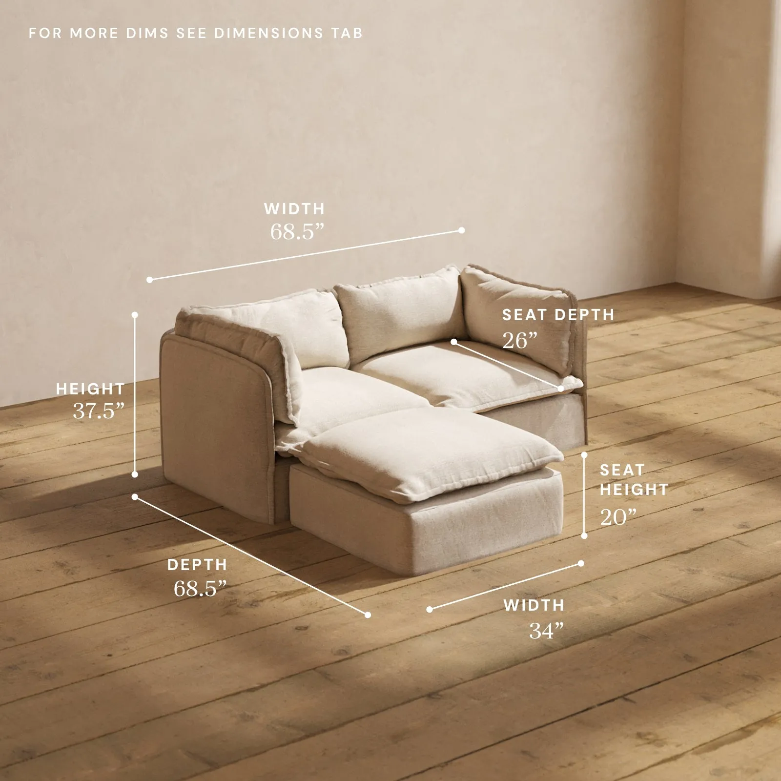 Modular Washable 2-Seater Sectional in Oat | Deluxe  Seat | Cloud Pillow