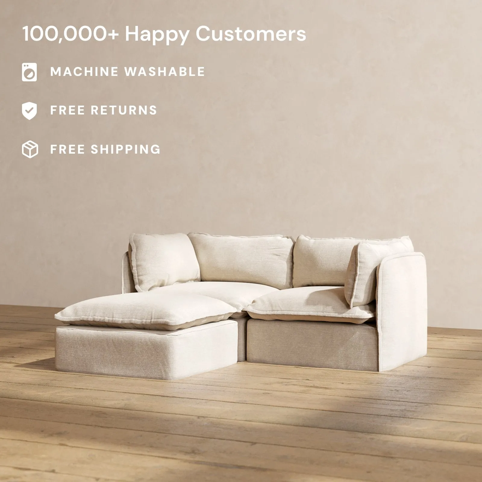 Modular Washable 2-Seater Sectional in Oat | Deluxe  Seat | Cloud Pillow