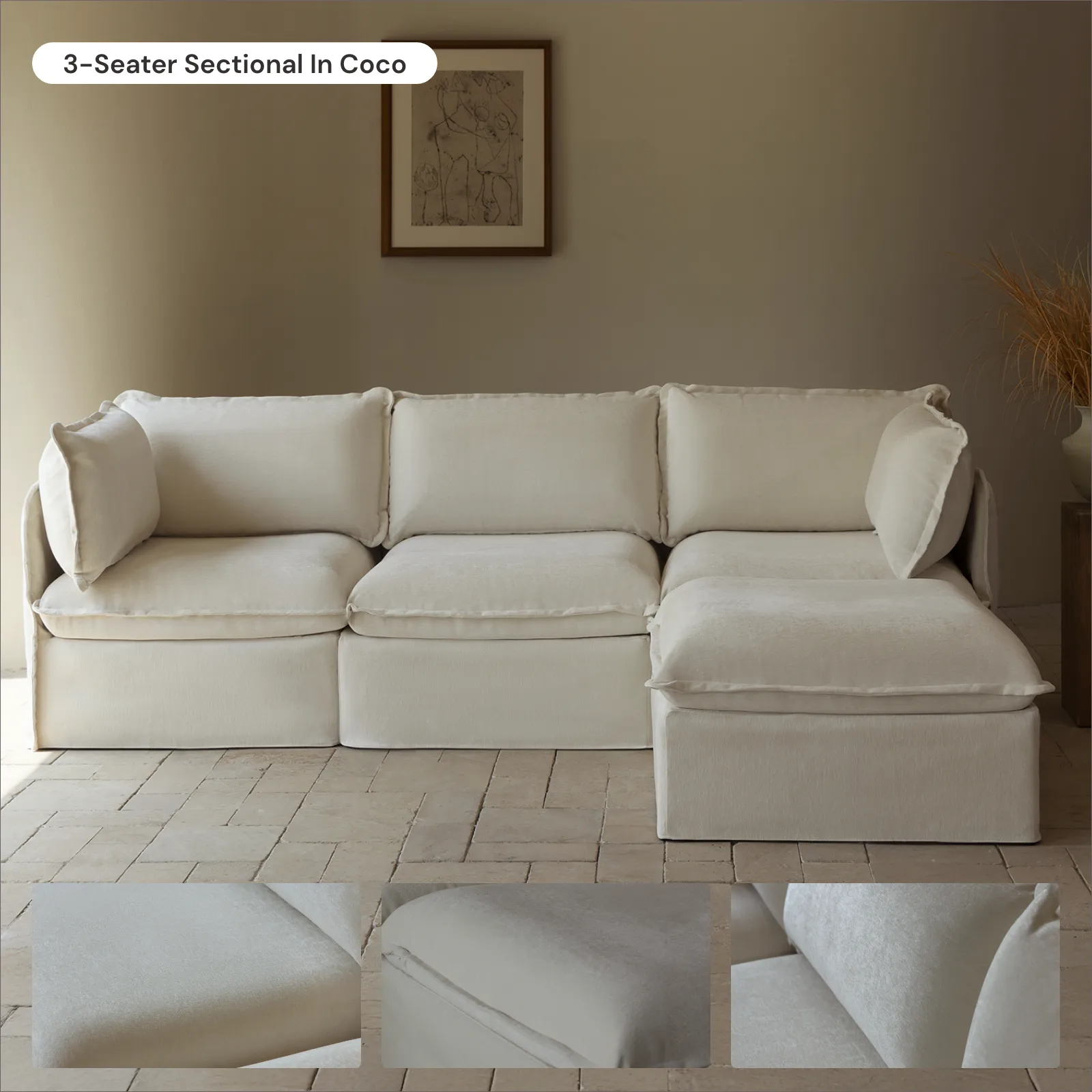 Modular Washable 3-Seater   Bench Ottoman in Coco | Memorix  Seat | Contour Pillow