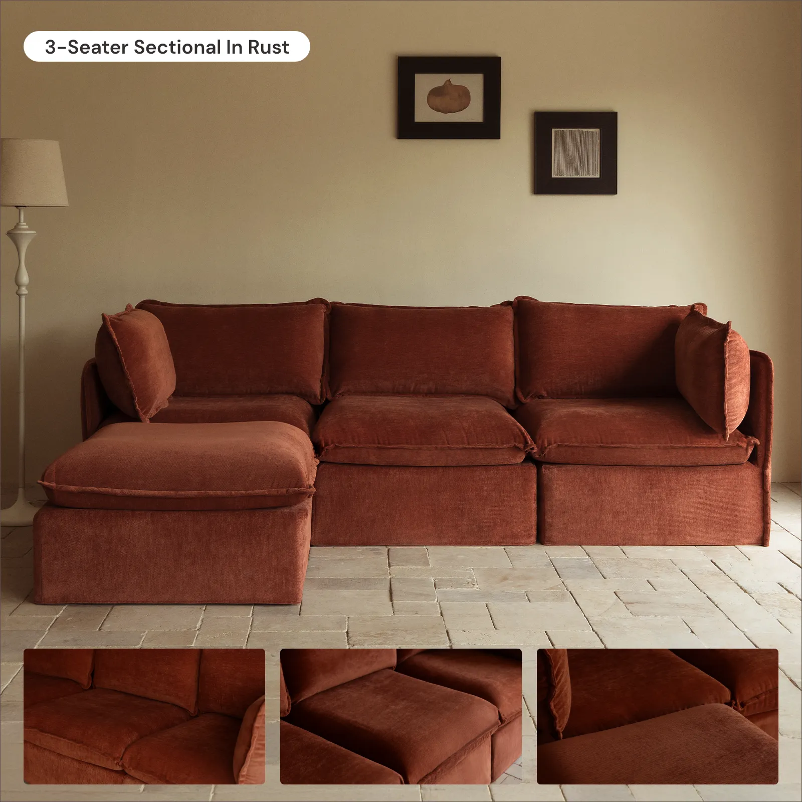 Modular Washable 3-Seater in Rust | Deluxe  Seat | Cloud Pillow