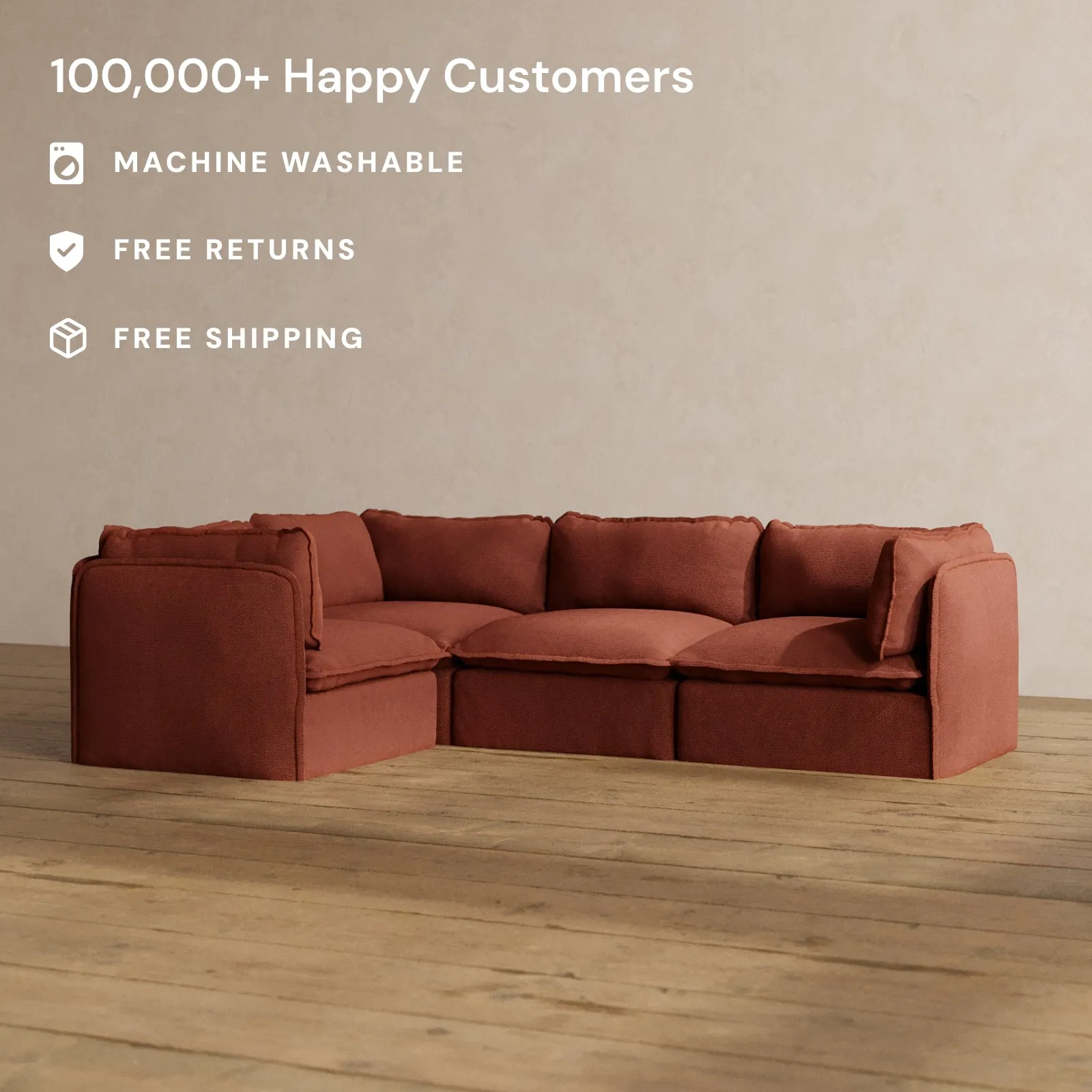 Modular Washable 4-Seater Corner Sectional in Rust | Deluxe  Seat | Cloud Pillow