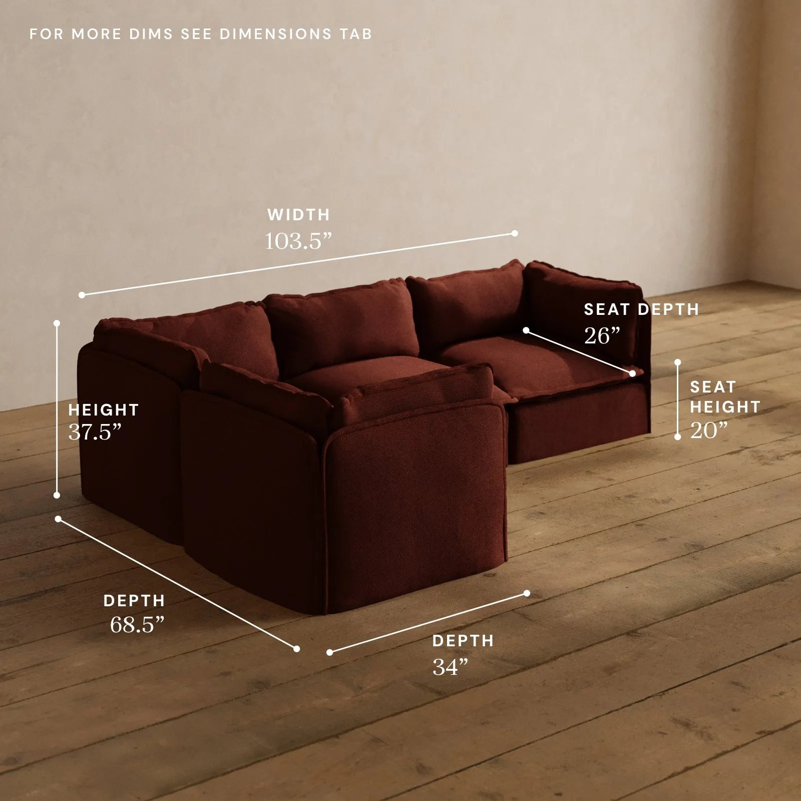 Modular Washable 4-Seater Corner Sectional in Rust | Deluxe  Seat | Cloud Pillow