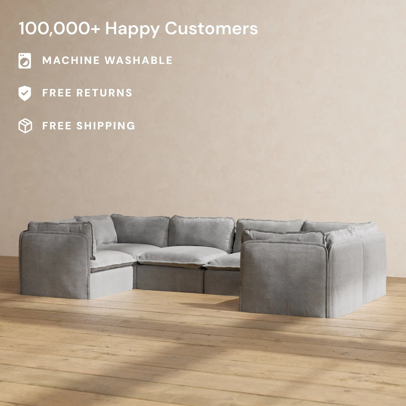 Modular Washable 6-Seater U-Sectional in Ash | Deluxe  Seat | Cloud Pillow