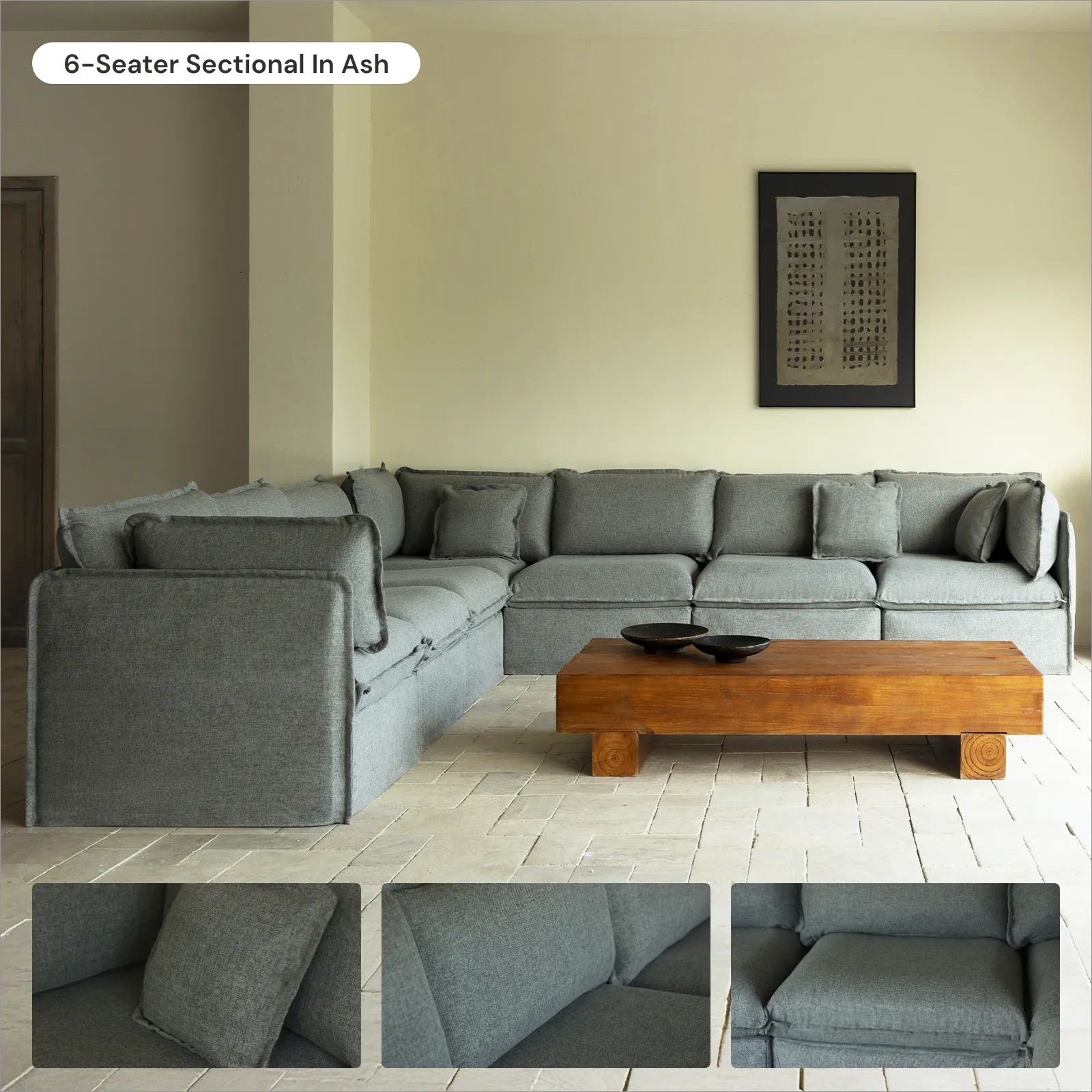 Modular Washable 6-Seater U-Sectional in Ash | Deluxe  Seat | Cloud Pillow