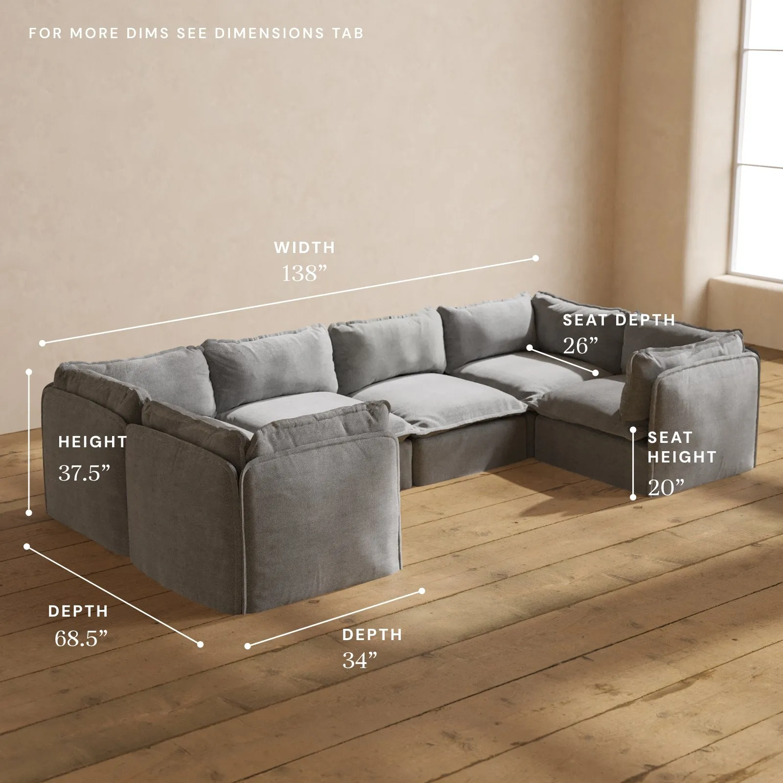 Modular Washable 6-Seater U-Sectional in Ash | Deluxe  Seat | Cloud Pillow
