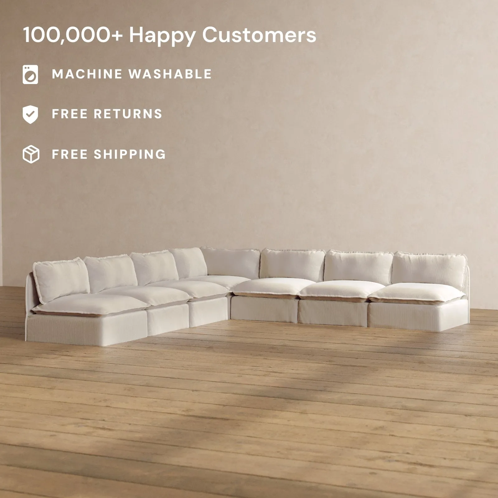 Modular Washable 7-Seater Open-Ends Corner Sectional in Milk | Deluxe  Seat | Cloud Pillow