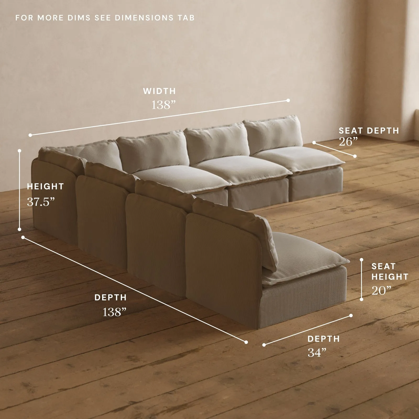 Modular Washable 7-Seater Open-Ends Corner Sectional in Milk | Deluxe  Seat | Cloud Pillow