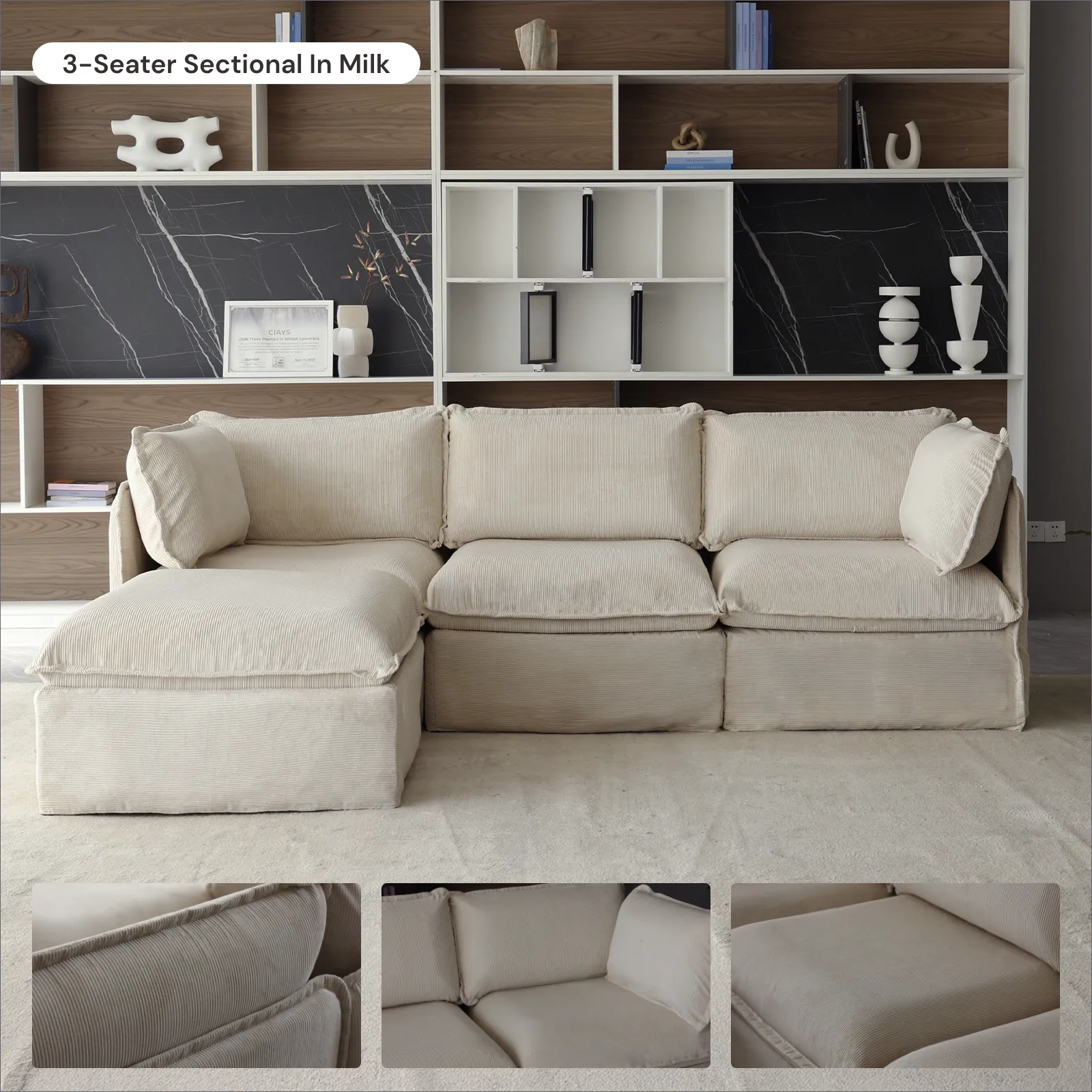 Modular Washable 7-Seater Open-Ends Corner Sectional in Milk | Deluxe  Seat | Cloud Pillow