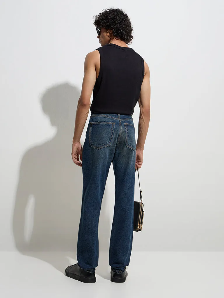 Nuon Dark Blue Distressed Relaxed-Fit Mid-Rise Jeans