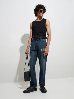 Nuon Dark Blue Distressed Relaxed-Fit Mid-Rise Jeans