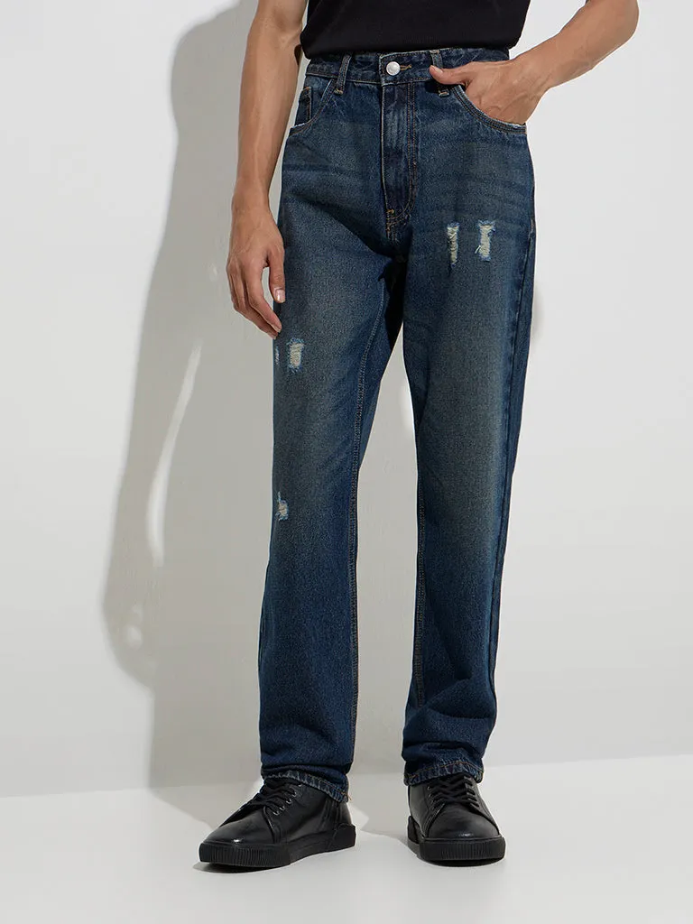 Nuon Dark Blue Distressed Relaxed-Fit Mid-Rise Jeans