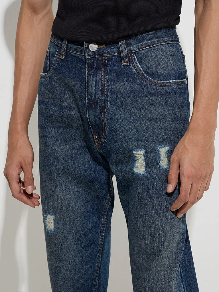 Nuon Dark Blue Distressed Relaxed-Fit Mid-Rise Jeans