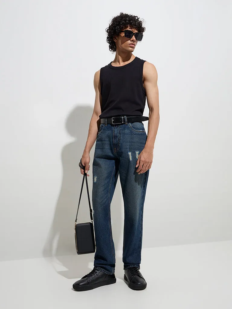 Nuon Dark Blue Distressed Relaxed-Fit Mid-Rise Jeans