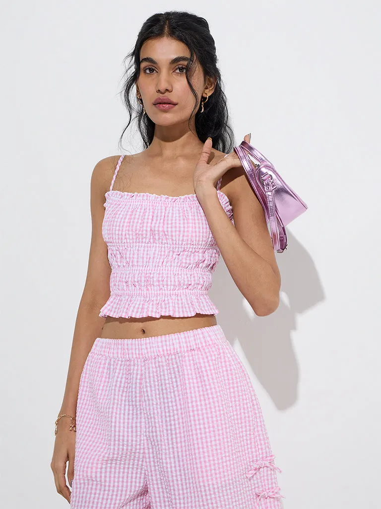 Nuon Pink Gingham Checks Design Cotton Top