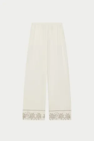 PALM EMBROIDERED WIDE LEG TROUSERS - OFF WHITE