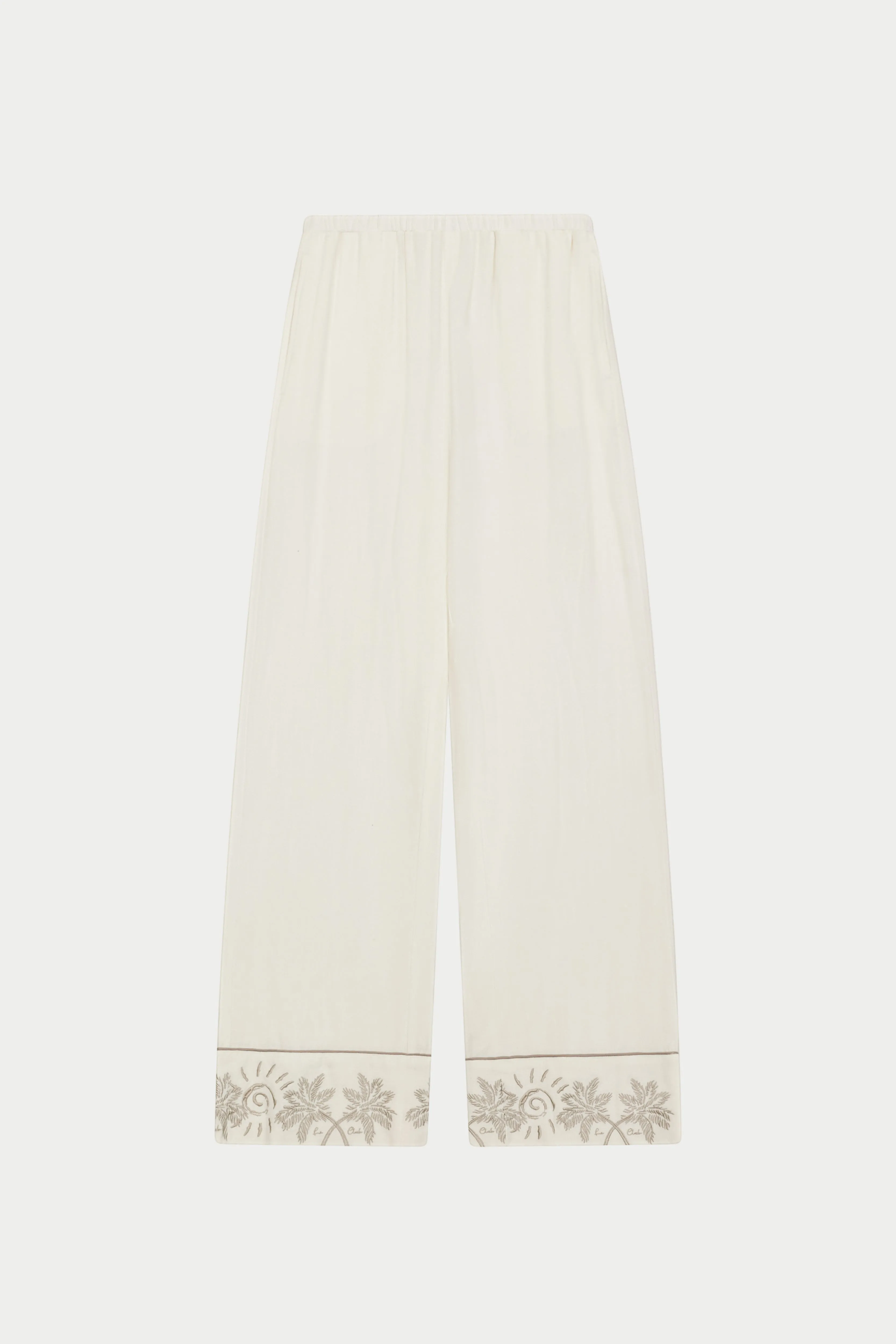 PALM EMBROIDERED WIDE LEG TROUSERS - OFF WHITE