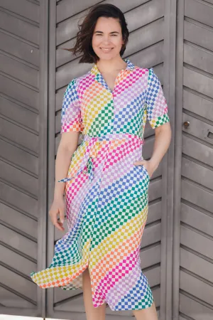 Penelope Midi Shirt Dress - Multi. Rainbow Checkerboard