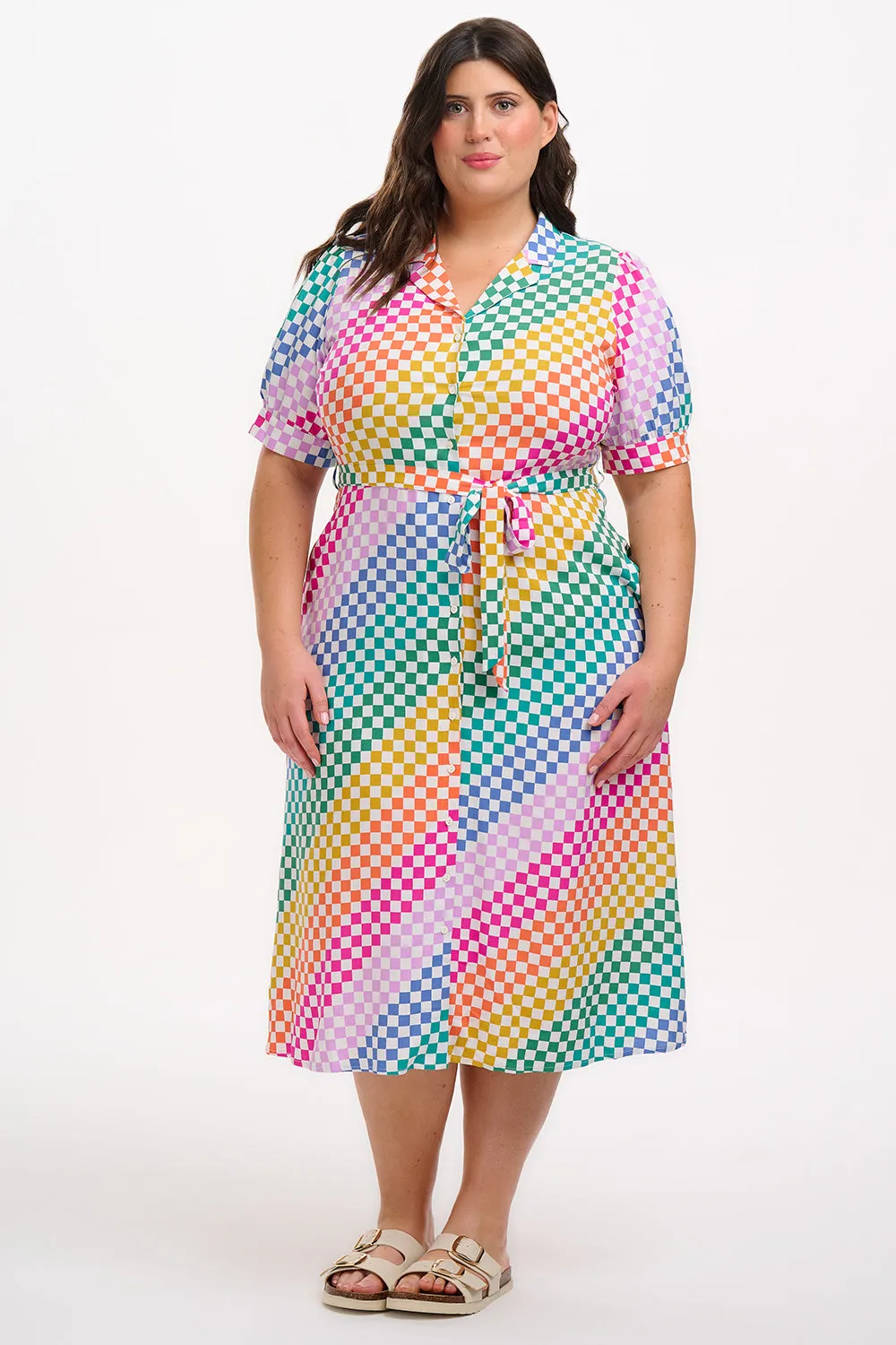 Penelope Midi Shirt Dress - Multi. Rainbow Checkerboard