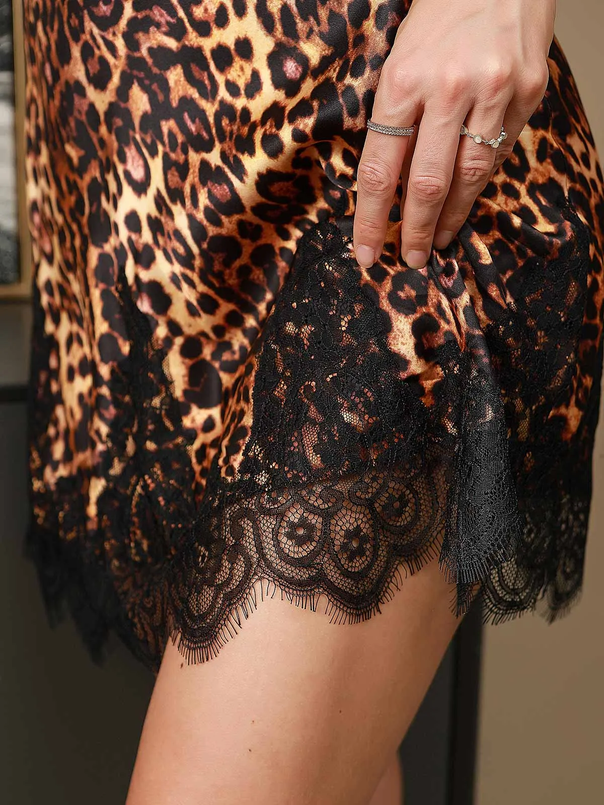 Pure Silk Leopard Lace Trim Sexy Chemise Nightgown