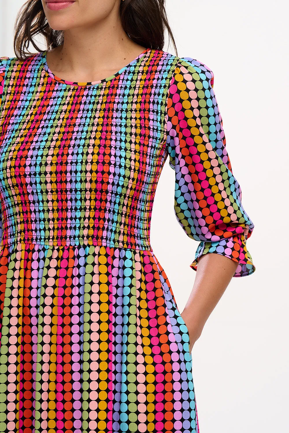 Quill Shirred Midi Dress - Black. Rainbow Circles