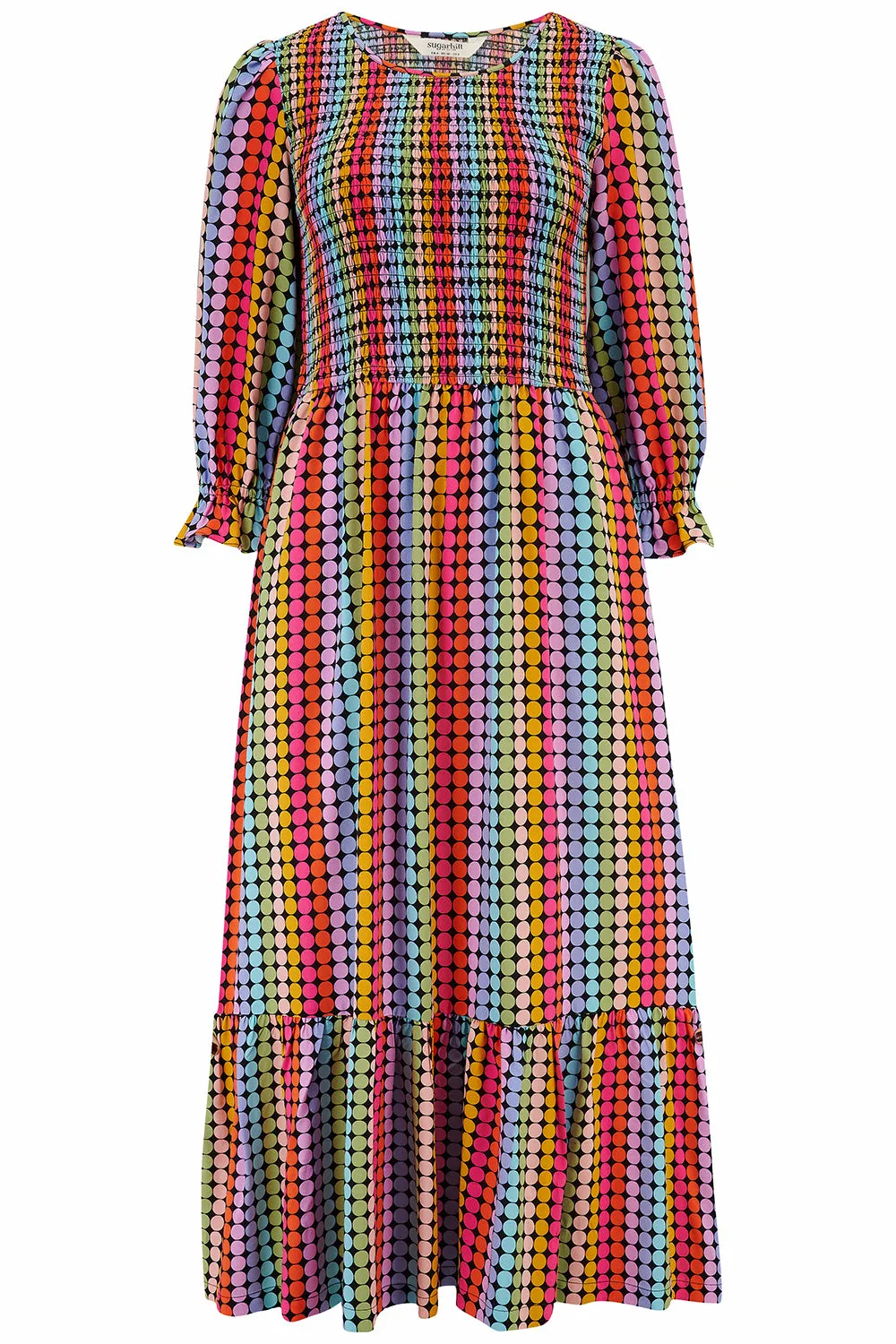 Quill Shirred Midi Dress - Black. Rainbow Circles