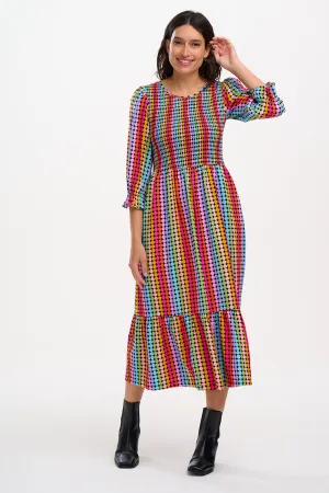 Quill Shirred Midi Dress - Black. Rainbow Circles
