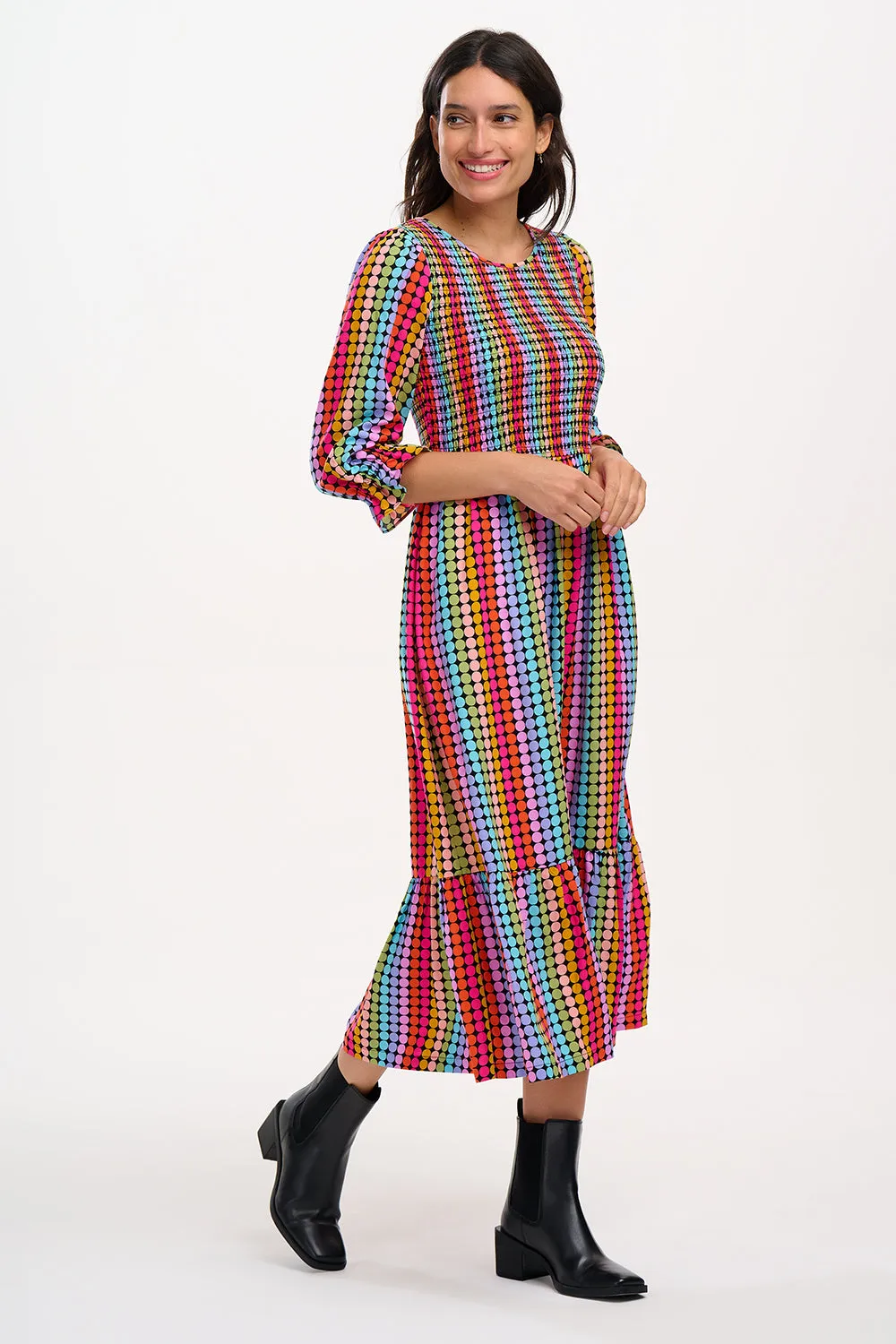 Quill Shirred Midi Dress - Black. Rainbow Circles