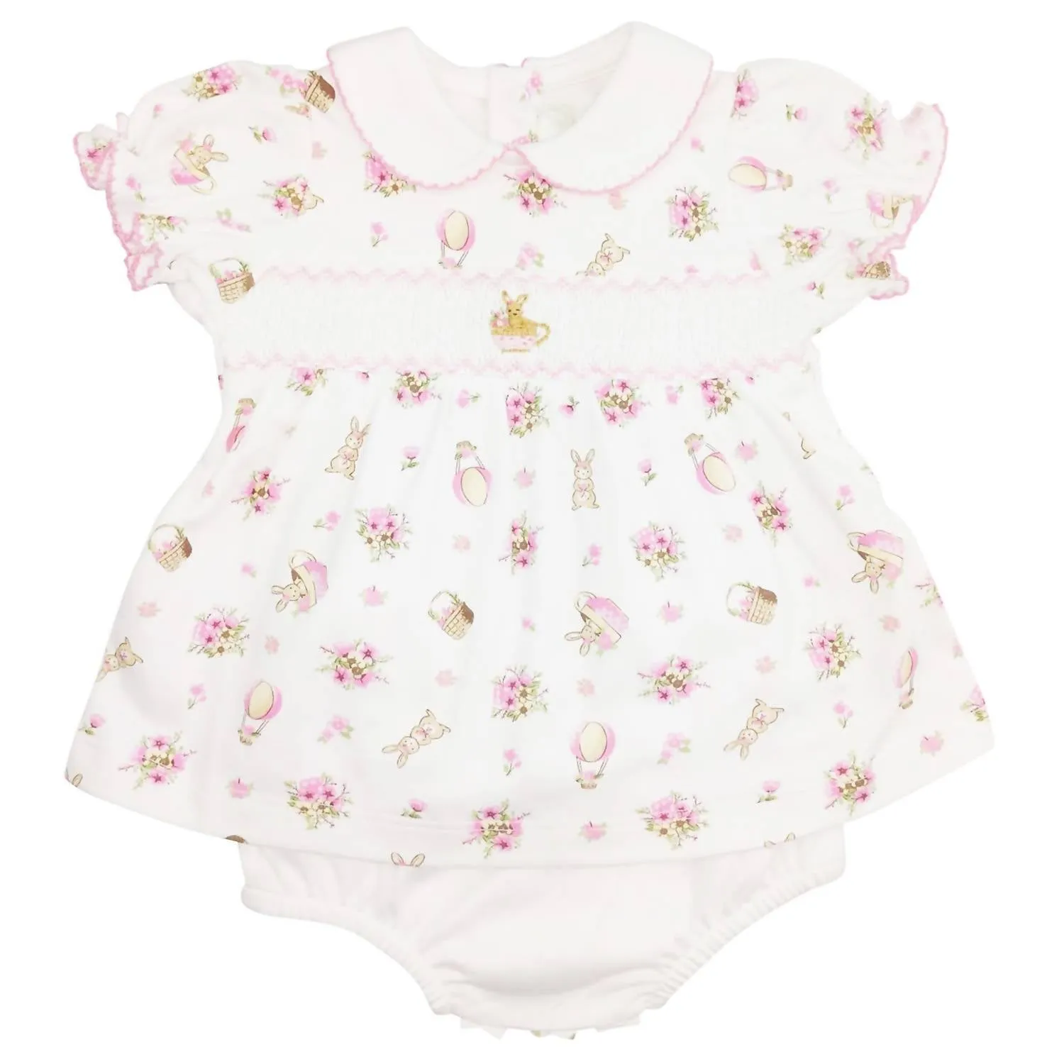 "bella Bunny" Hand Smocked Dress And Bloomer Set In White/pink