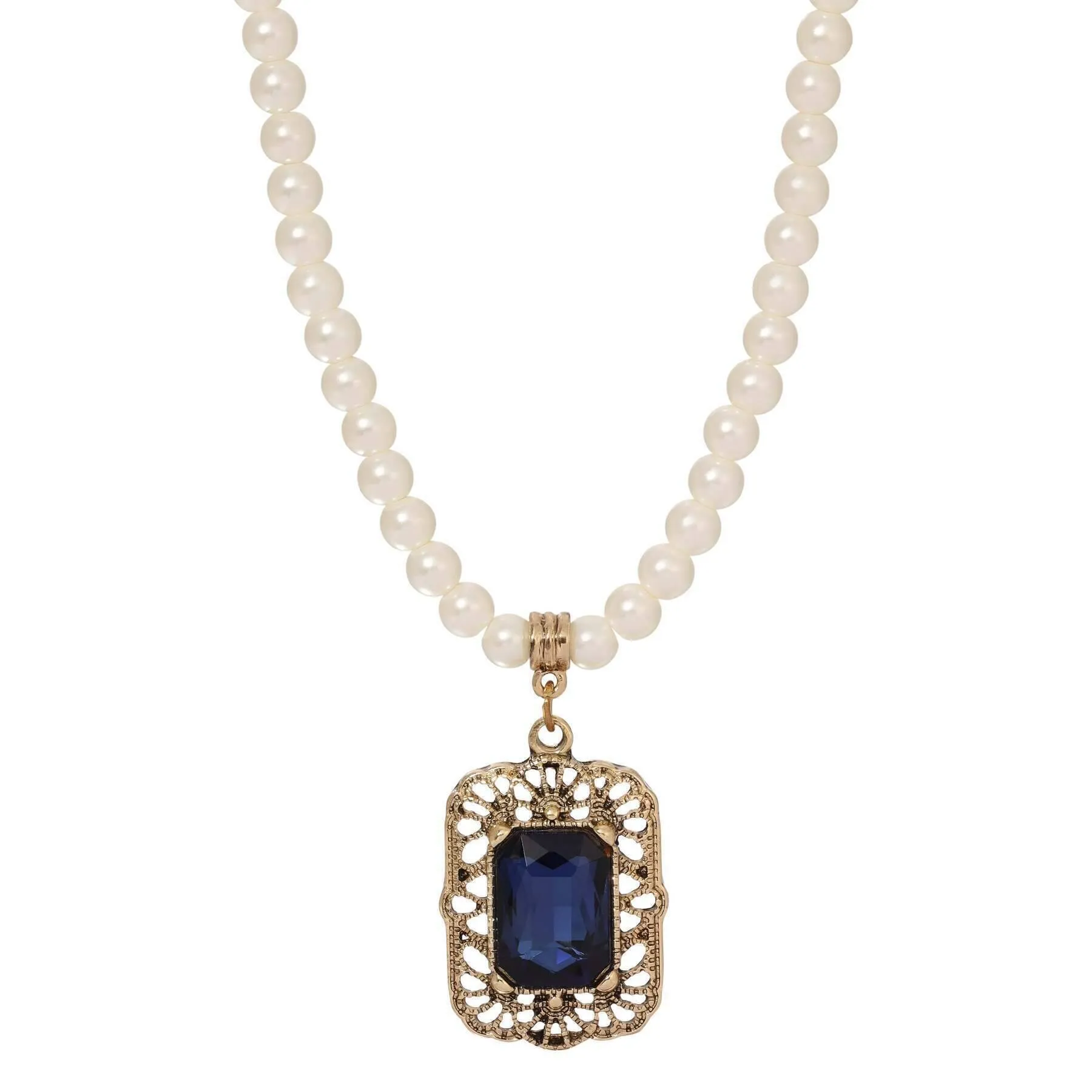 Regency Brontë Filigree Octagon Crystal Pendant 5mm Faux Pearl Strand Necklace 15"   3" Extender