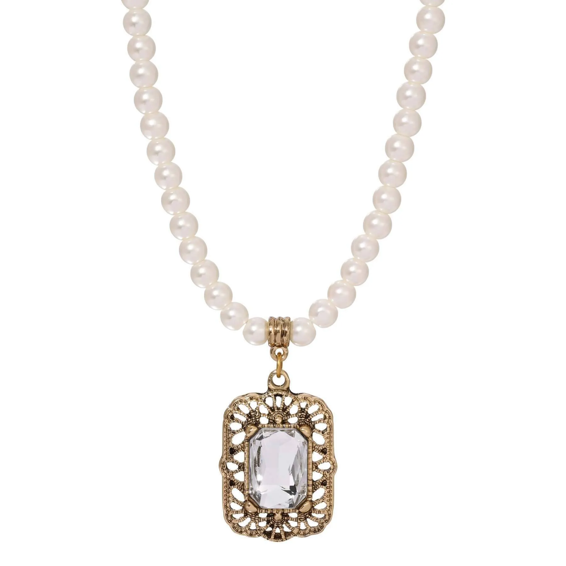 Regency Brontë Filigree Octagon Crystal Pendant 5mm Faux Pearl Strand Necklace 15"   3" Extender