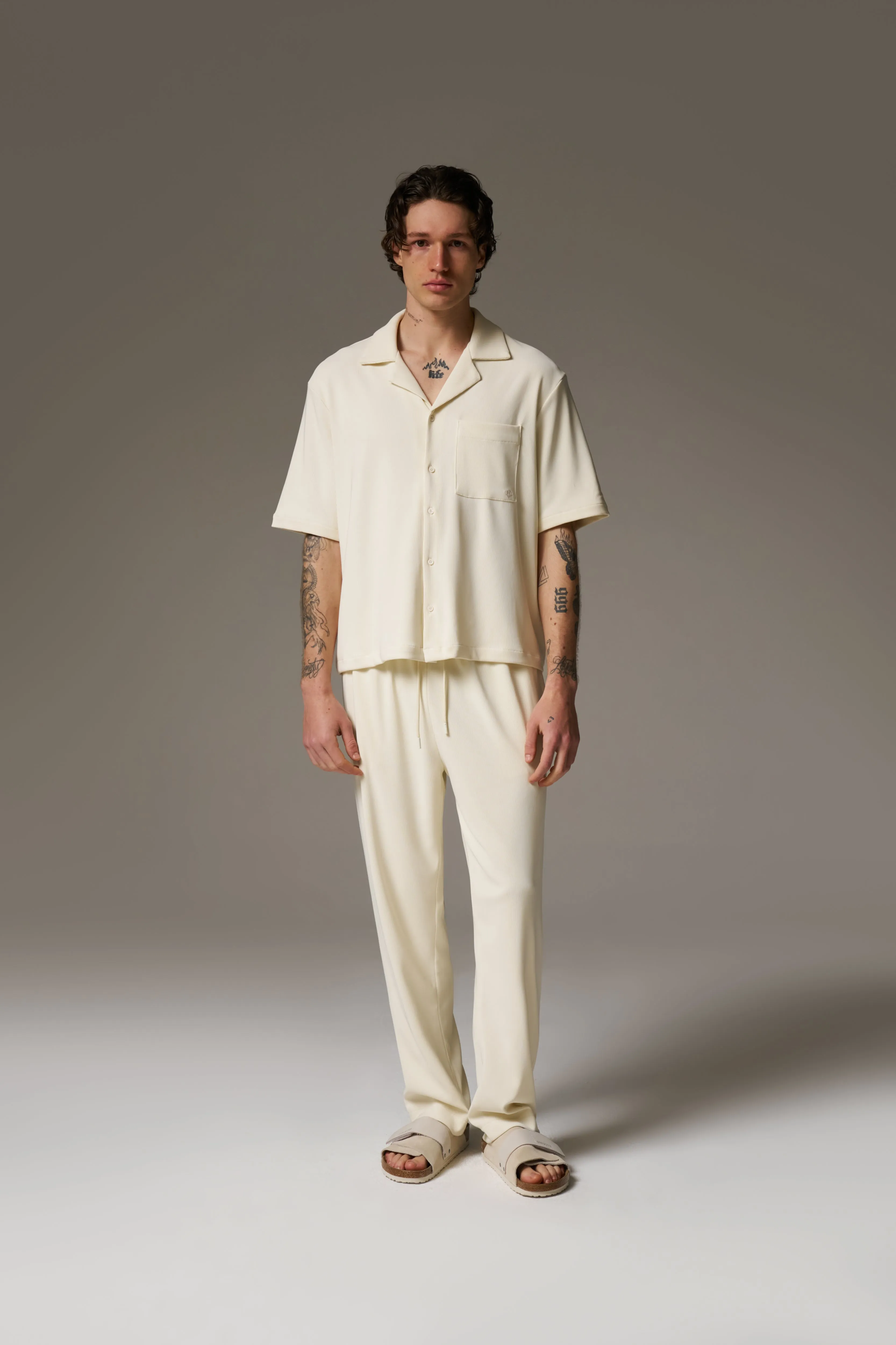 RIB BUTTON THROUGH SHIRT - OFF WHITE