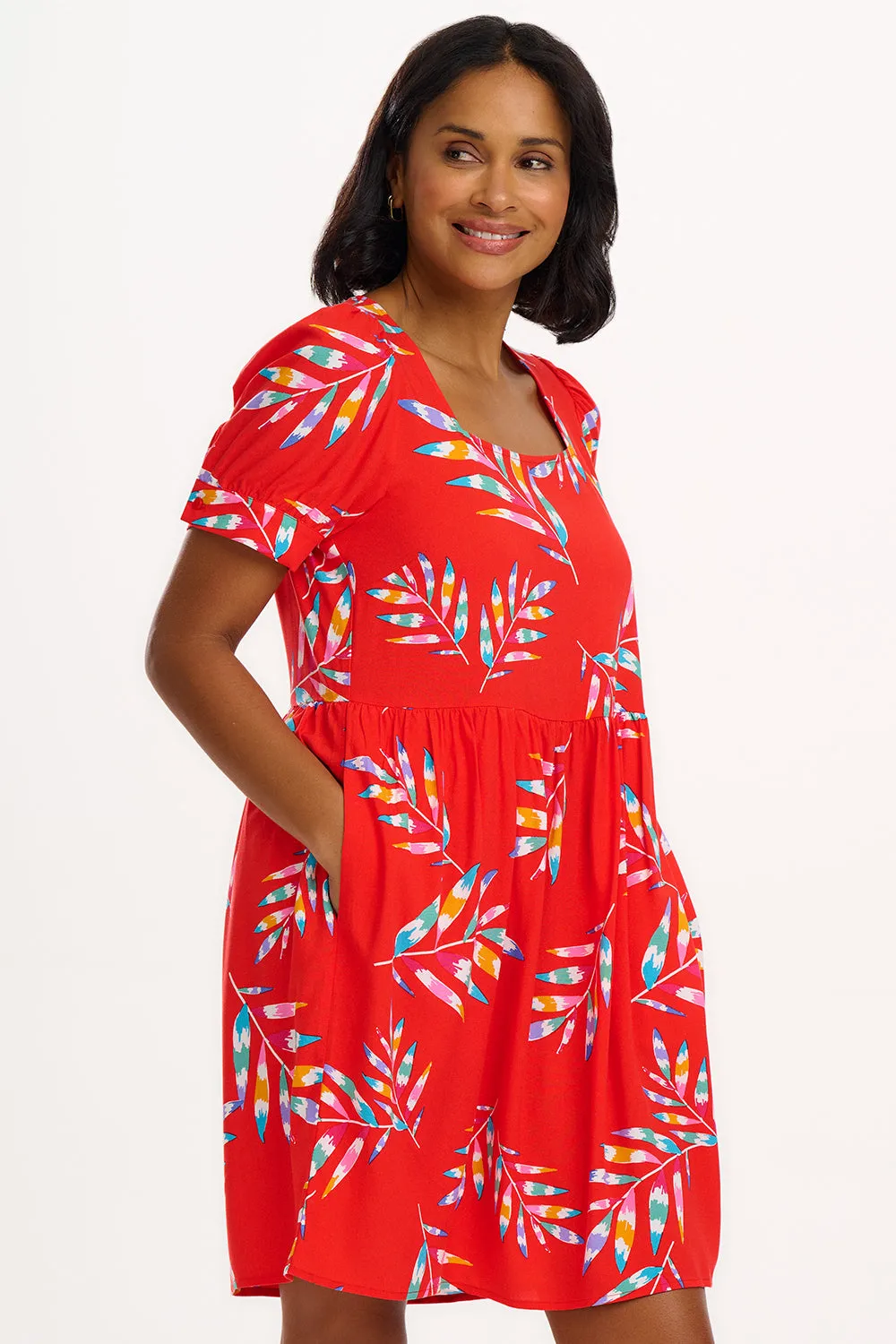 Sheila Mini Smock Dress - Red. Rainbow Fronds