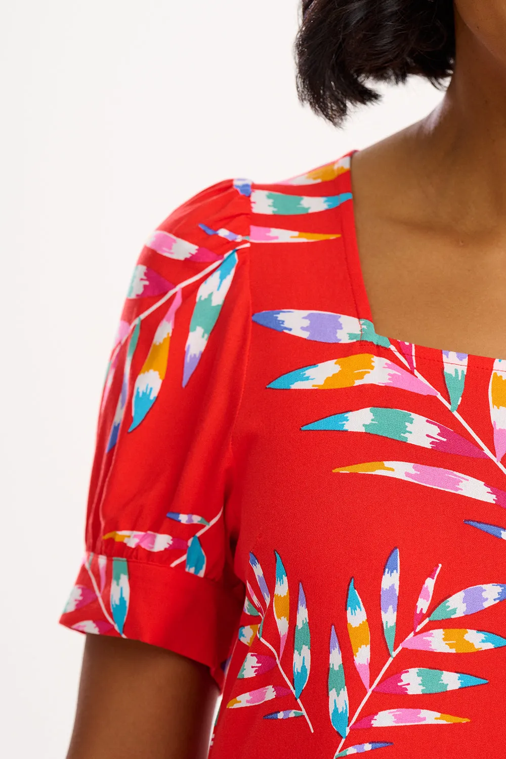 Sheila Mini Smock Dress - Red. Rainbow Fronds