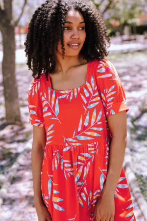 Sheila Mini Smock Dress - Red. Rainbow Fronds