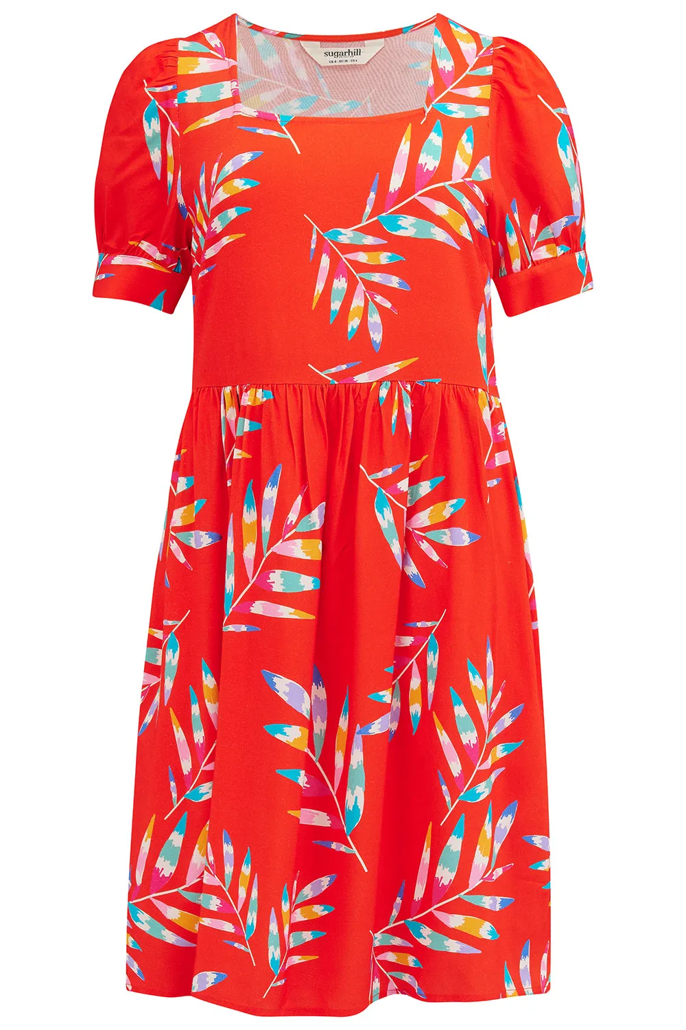 Sheila Mini Smock Dress - Red. Rainbow Fronds