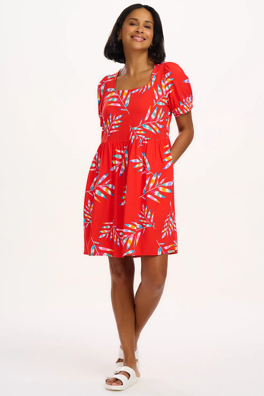 Sheila Mini Smock Dress - Red. Rainbow Fronds