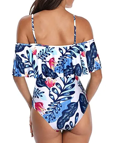 Slimming Off Shoulder Vintage One Piece Swimsuits-White And Blue Floral