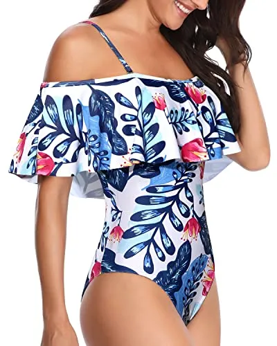 Slimming Off Shoulder Vintage One Piece Swimsuits-White And Blue Floral
