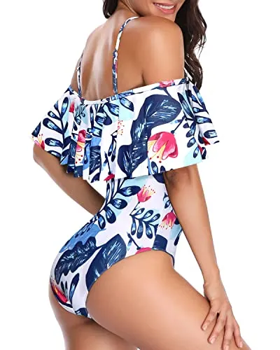 Slimming Off Shoulder Vintage One Piece Swimsuits-White And Blue Floral